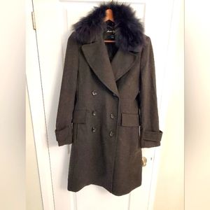 Wool blend real fur collar trench coat